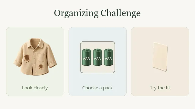 Clothes, a battery pack and a card from Organizing Challenge